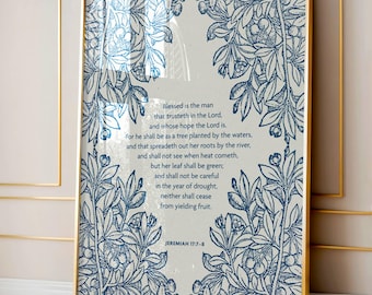 Jeremiah 17:7-8 Scripture Print, Blue Floral Cross, Vintage Christian Art (Digital Download)