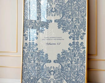 Colossians 4:2 Prayer Art Print, Vintage Floral Illustration, Blue Botanical Scripture Art, Christian Faith Encouragement (Digital Download)