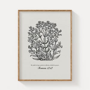 Romains 12:12 impression de versets bibliques, illustration botanique vintage, art mural chrétien, décoration inspirée des écritures, noir floral imprimable