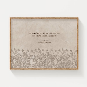 Jane Austen Stolz und Vorurteil Zitat Kunst - Horizontales Vintage Blumen bedruckbares, Regency-inspiriertes romantisches Literatur-Landschaftsdekor