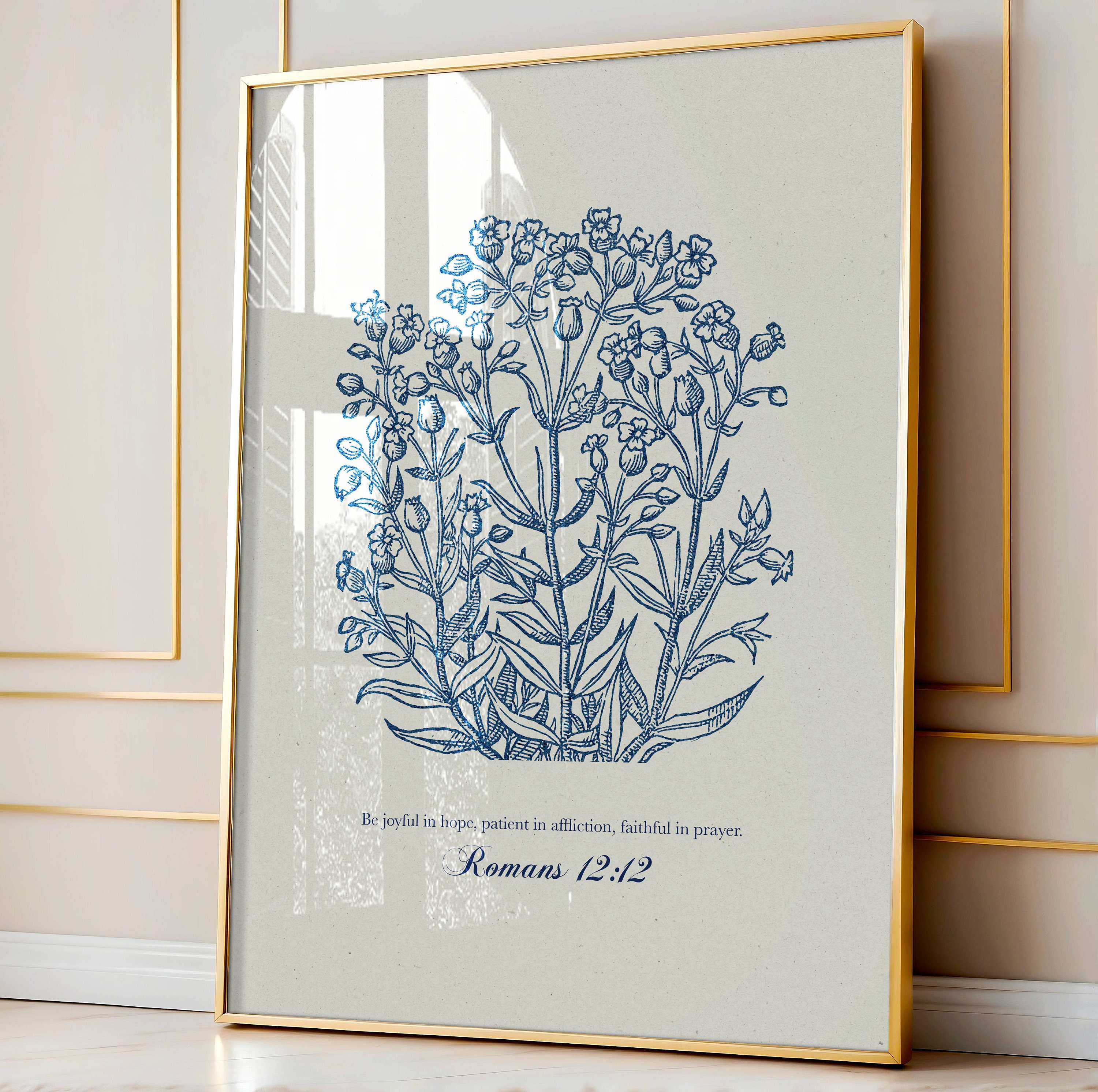 Romans 12:12 Bible Verse Print, Vintage Botanical Illustration, Blue Floral Faith Printable, Inspirational Scripture, Christian Home Decor