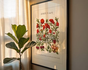 Joshua 24:15 Botanical Print, Me and My House We Serve the Lord Scripture Printable, Red Floral Christian Scripture Art (Digital Download)