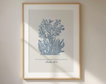 Psalm 46:5 Botanical Scripture Print, Blue Floral Christian Wall Art, Navy Blue Farmhouse Wall Decor (Digital Download)