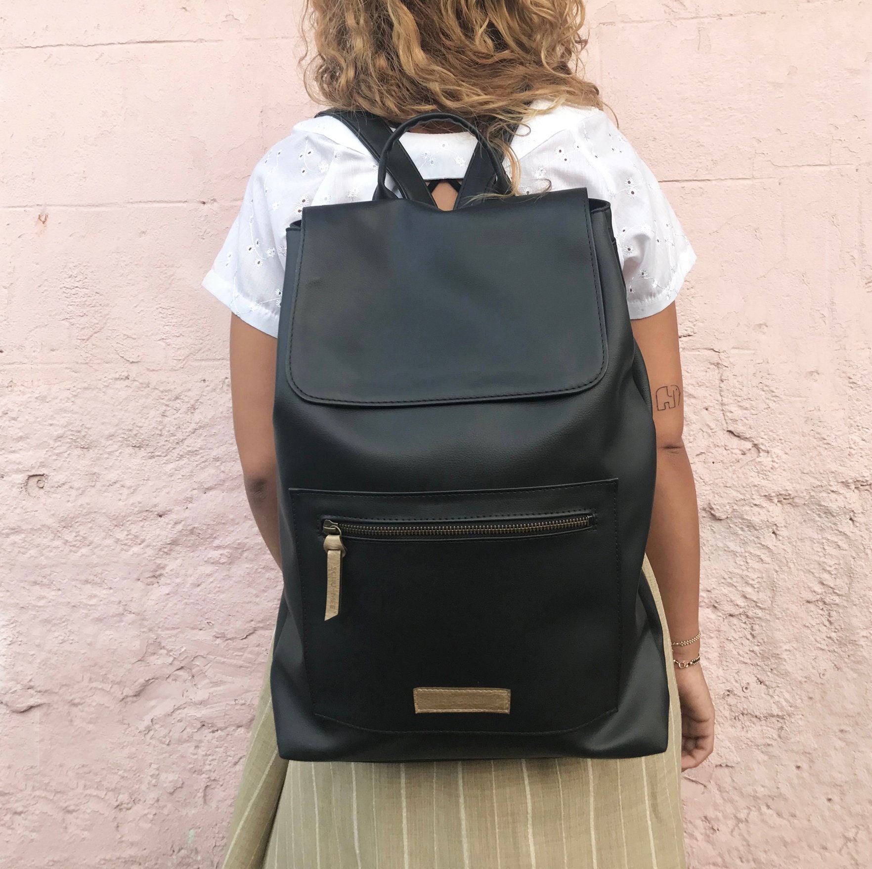 Black Vegan Backpack Women Backpack Laptop Backpack Faux | Etsy