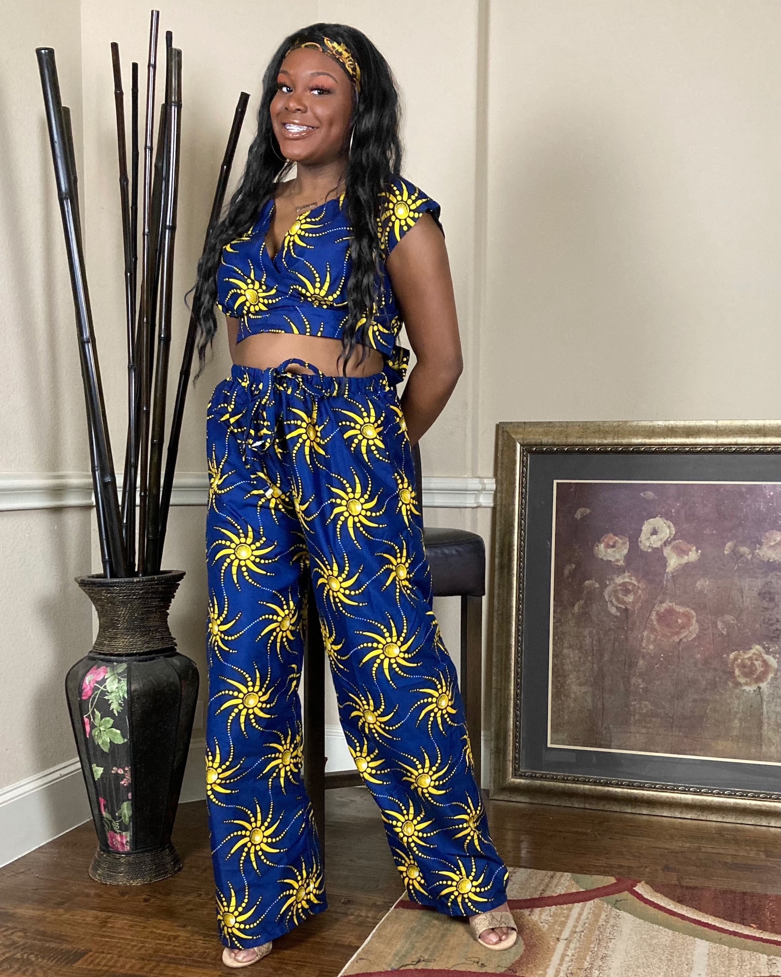 Nova navy blue Ankara crop top and wide leg trousers set | Etsy
