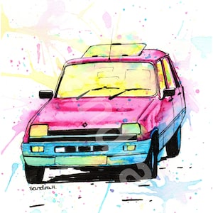 Limited Edition Print of a Pen and Ink drawing of a 1980s Renault 5 - With Frame