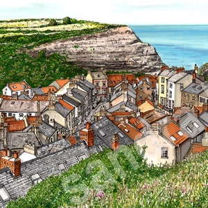 Limited Edition Print of a Pen and Ink drawing of Staithes - With Frame