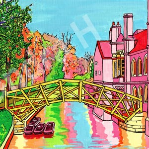 May include: A vibrant painting of a yellow wooden bridge spanning a canal, flanked by a bright pink building with arched windows and lush green and orange trees. Three small boats float on the water, and the artist's signature is visible.