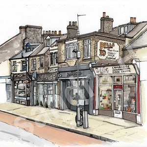 Limited Edition Print of a Pen and Ink drawing of Hills Road, Cambridge - With Frame