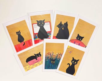 Set of 4 Black Cat Greeting Cards | Choose Any 4 Designs (Acrylic Art)