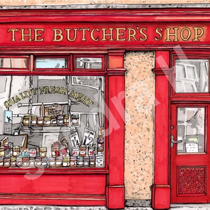 Limited Edition Print of a Pen and Ink drawing of Butchers Shop in Staithes in North Yorkshire - With Frame