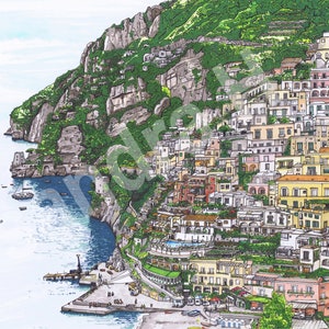 Limited Edition Print of a Pen and Ink drawing of Positano on the Amalfi Coast in Italy - With Frame