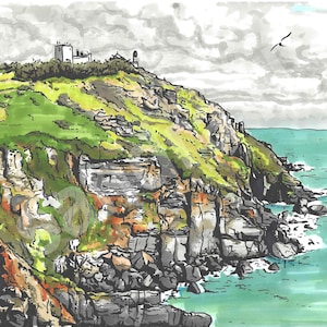 May include: A watercolour painting of a rocky cliffside overlooking a turquoise ocean. The cliff is covered in green grass and has a small building on top. A bird flies in the cloudy sky above.