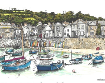 Limited Edition Print of a Pen and Ink drawing of Mousehole - With Frame