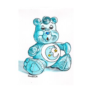 Stampa in edizione limitata di un disegno a penna e inchiostro di Bedtime Bear Care Bears - con cornice