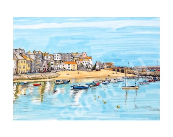 Limited Edition Print of a Pen and Ink drawing of St Ives, Cornwall - With Frame