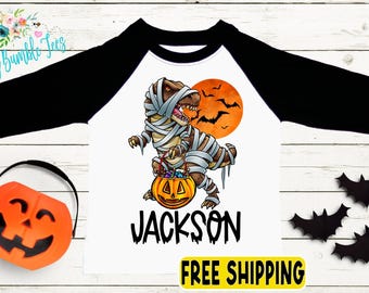 Boys Halloween T-Rex Shirt - Kids Halloween Shirt - Toddler Pumpkin Patch Shirt - Personalized Custom Name - Halloween School Shirt