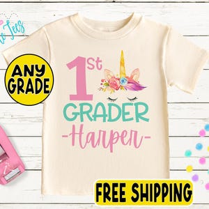 Girls Unicorn Back to School Shirt - Preschool Pre-K, Kindergarten, First Grade Shirt - First Day of School Tee - Personalized Custom Name