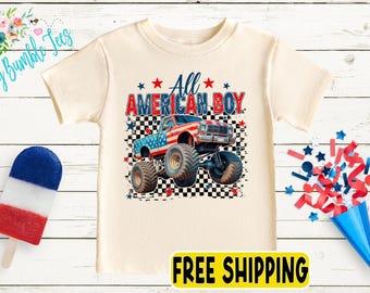 Kids Fourth of July Shirt, Monster Truck Toddler Shirt, Boys Retro 4th of July Shirt,  Patriotic Kids shirt, America USA Tee