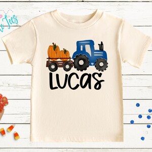 Boys Fall Tractor Shirt - Kids Farm Pumpkin Patch Shirt - Personalized Custom Name Tee - Boys Halloween Shirt - Halloween Toddler Shirt Natural Short Sleeve