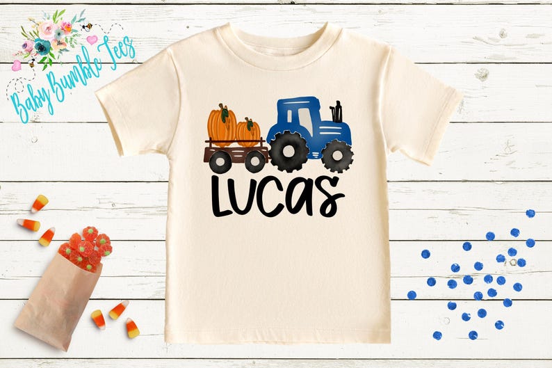 Boys Fall Tractor Shirt - Kids Farm Pumpkin Patch Shirt - Personalized Custom Name Tee - Boys Halloween Shirt - Halloween Toddler Shirt Natural Short Sleeve