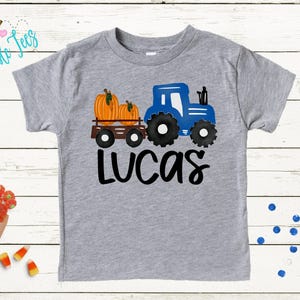 Boys Fall Tractor Shirt - Kids Farm Pumpkin Patch Shirt - Personalized Custom Name Tee - Boys Halloween Shirt - Halloween Toddler Shirt Gray Short Sleeve