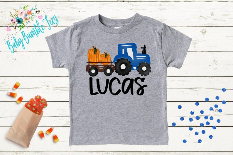Boys Fall Tractor Shirt - Kids Farm Pumpkin Patch Shirt - Personalized Custom Name Tee - Boys Halloween Shirt - Halloween Toddler Shirt Gray Short Sleeve