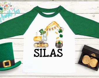 Boys St Patricks Day Shirt // Excavator Shirt // Personalized Name // Kids St Patricks Day Shirt / St Paddys Day Toddler Shirt / Boys Shirt