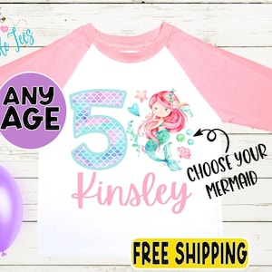 Girls Mermaid Birthday Shirt, Kids Birthday Shirt, Custom Name Birthday Tee, Girl Birthday shirt, Girl Birthday Party T-Shirt, Personalized