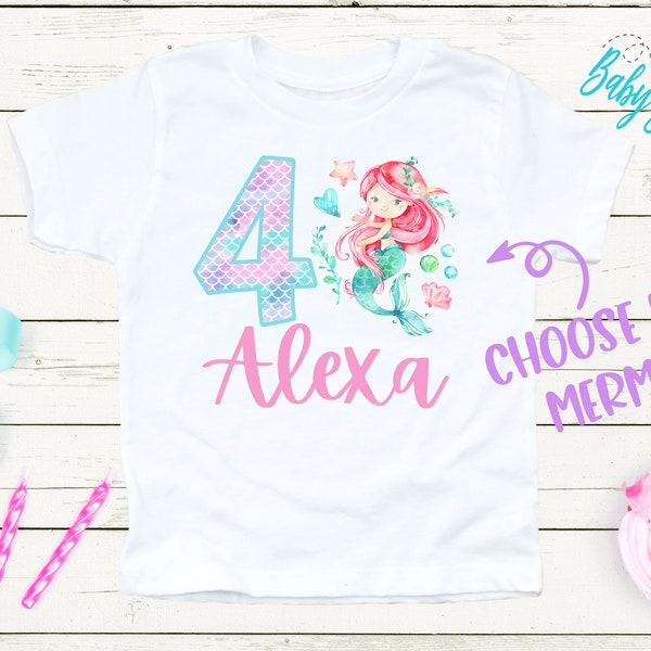 Mermaid Birthday Shirt // Fourth Birthday Shirt // Girls Birthday Shirt // Custom Name // Birthday Girl // 4th Birthday // Personalized