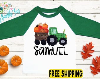Toddler Boy Fall Shirt - Boys Pumpkin Tractor Shirt - Kids Farm Pumpkin Patch Shirt - Personalized Custom Name Tee - Halloween School Shirt