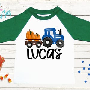 Boys Fall Tractor Shirt - Kids Farm Pumpkin Patch Shirt - Personalized Custom Name Tee - Boys Halloween Shirt - Halloween Toddler Shirt Green/White Long Sleeve