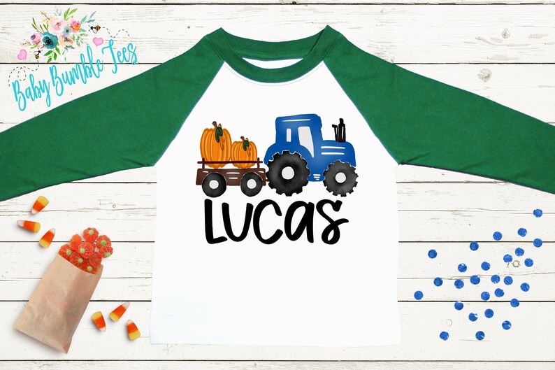 Boys Fall Tractor Shirt - Kids Farm Pumpkin Patch Shirt - Personalized Custom Name Tee - Boys Halloween Shirt - Halloween Toddler Shirt Green/White Long Sleeve