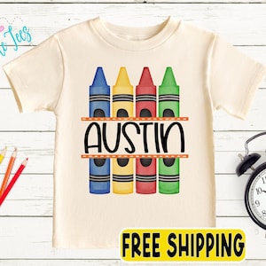 Chemise crayon pour la rentrée des garçons - t-shirt personnalisé pour la première journée d'école - nom personnalisé préscolaire ou maternelle - tenue rétro pour enfants d'âge préscolaire
