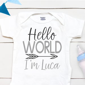 Hello World // Personalized Name // Take Home Outfit // Coming Home Outfit // Hello world // Baby Shower Gift // Onesies® Brand image 1