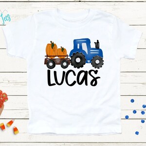 Boys Fall Tractor Shirt - Kids Farm Pumpkin Patch Shirt - Personalized Custom Name Tee - Boys Halloween Shirt - Halloween Toddler Shirt White Short Sleeve