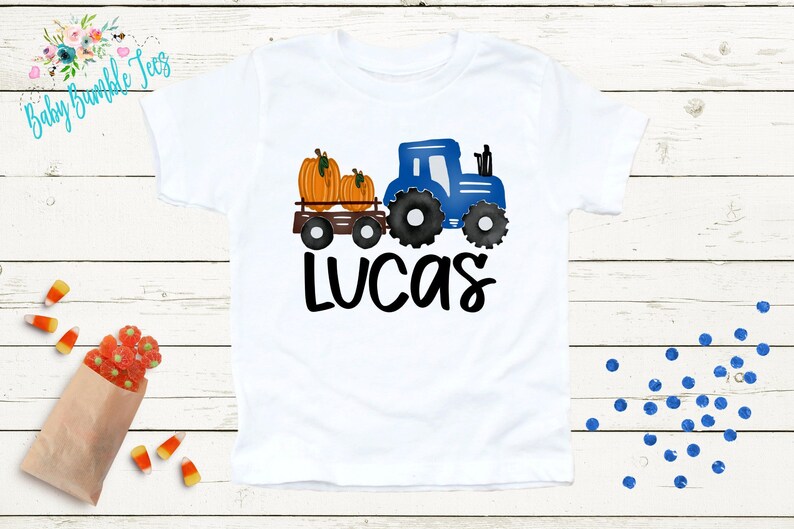 Boys Fall Tractor Shirt - Kids Farm Pumpkin Patch Shirt - Personalized Custom Name Tee - Boys Halloween Shirt - Halloween Toddler Shirt White Short Sleeve
