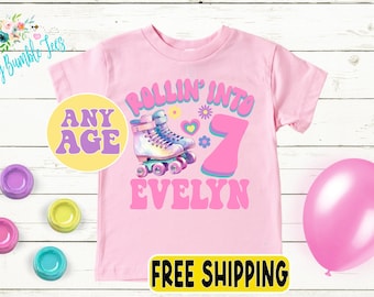 Roller Skating Girl Birthday Shirt - Rolling into Kids Birthday Tee - Skate Party - Girls Rollerskate tshirt