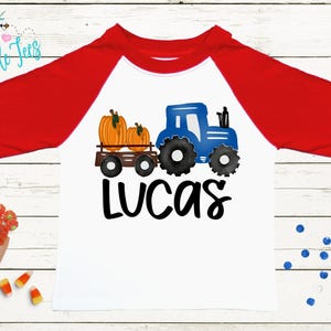 Boys Fall Tractor Shirt - Kids Farm Pumpkin Patch Shirt - Personalized Custom Name Tee - Boys Halloween Shirt - Halloween Toddler Shirt Red/White Long Sleeve