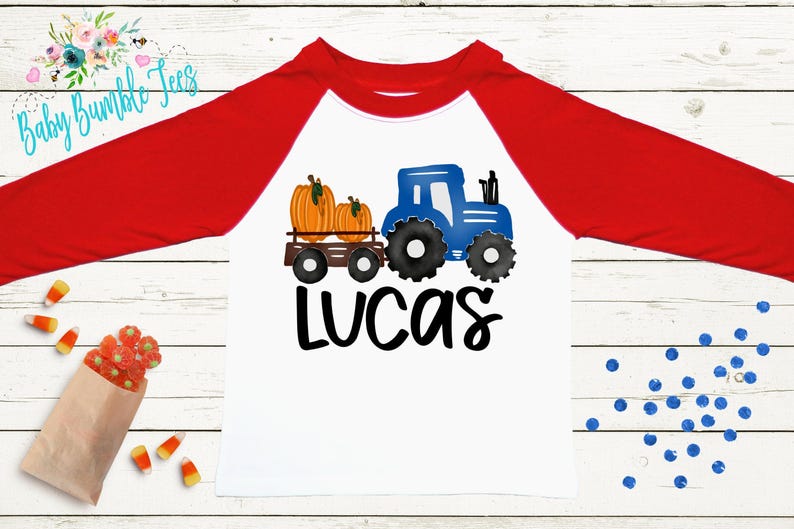 Boys Fall Tractor Shirt - Kids Farm Pumpkin Patch Shirt - Personalized Custom Name Tee - Boys Halloween Shirt - Halloween Toddler Shirt Red/White Long Sleeve