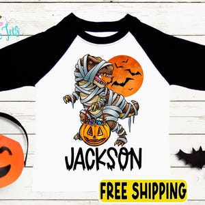 Boys Halloween T-Rex Shirt - Kids Halloween Shirt - Toddler Pumpkin Patch Shirt - Personalized Custom Name - Halloween School Shirt