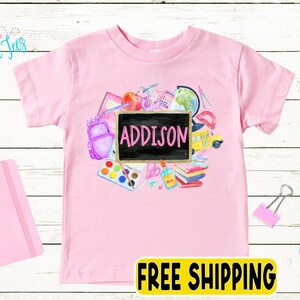Girls Chalkboard School Shirt - Kids Back To School Shirt - Preschool, Pre-K, Kindergarten, First Grade Shirt - First Day Of School - Name