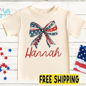 Chemise personnalisée du 4 juillet - Nom personnalisé pour enfant du 4 juillet - Chemise drapeau avec noeud pour tout-petit - T-shirt de rodéo pour fille - Chemise américaine rétro américaine