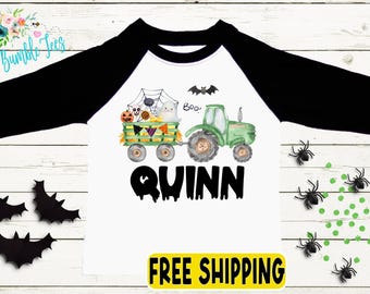 Boys Halloween Tractor Shirt - Fall Personalized Custom Name T-Shirt - Kids Farm Pumpkin Patch Tee - Toddler Halloween School Party Shirt