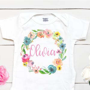 Floral Wreath Name  - Baby Girl  - Baby Girl Clothes - Flower  - Baby Shower Gift - Custom Name Shirt - Name
