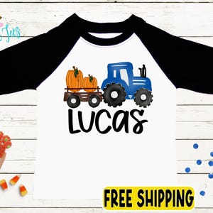 Boys Fall Tractor Shirt - Kids Farm Pumpkin Patch Shirt - Personalized Custom Name Tee - Boys Halloween Shirt - Halloween Toddler Shirt Black/White Long Sleeve