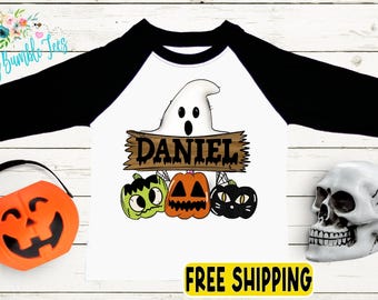 Boys Halloween Shirt - Kids Ghost Pumpkin Patch Shirt -  Halloween Toddler Tee - Personalized Custom Name - Boys School Halloween Shirt