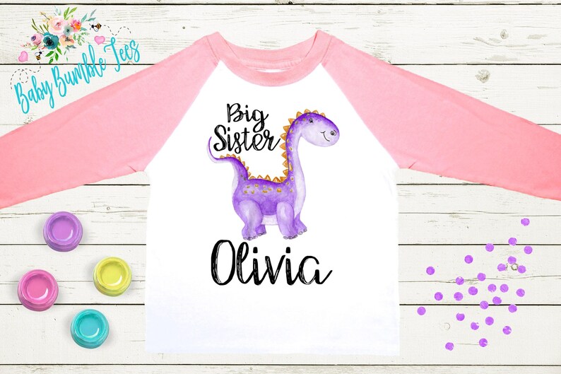 Big Sister Dinosaur Shirt - Personalized name - Big Sister - New Big Sister T shirt - Dinosaur Kid Shirt - Matching Sibling Shirt afbeelding 2