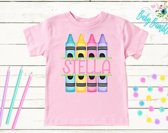 Girls Custom Graphic Tees Personalized First Day of School Name Little Bird & Crayon