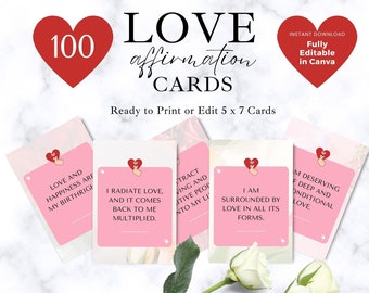 100 Love Affirmation Cards, Valentines Edition Printable, Positive affirmation, Self-love, Relationships, Well Being, Self-Worth, Editable